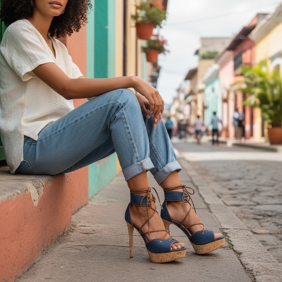 Steve Madden Navy and Tan Lace-Up Heels - Picture 1 of 10